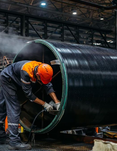 Coated pipe sections stacked in an industrial yard